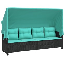 Chaise longue avec auvent et coussins noir résine tressée 560940560940