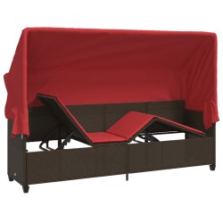 Chaise longue avec auvent et coussins marron résine tressée 560943560943
