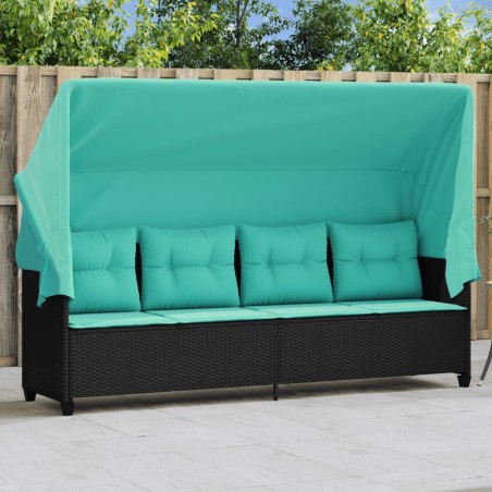 Chaise longue avec auvent et coussins noir résine tressée 560944560944