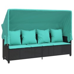 Chaise longue avec auvent et coussins noir résine tressée 560944560944