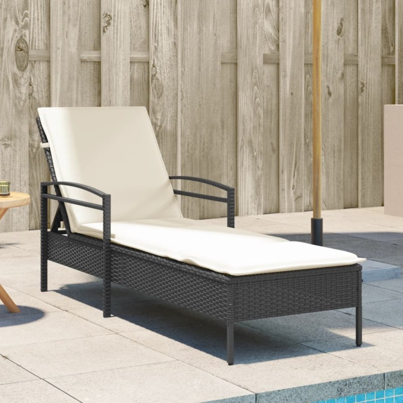 Chaise longue avec coussin noir 63x200x81 cm résine tressée 560949560949
