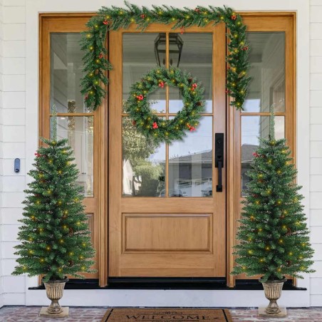 Arbres de Noël artificiels 2 pcs et couronne, guirlande et LED 561975561975