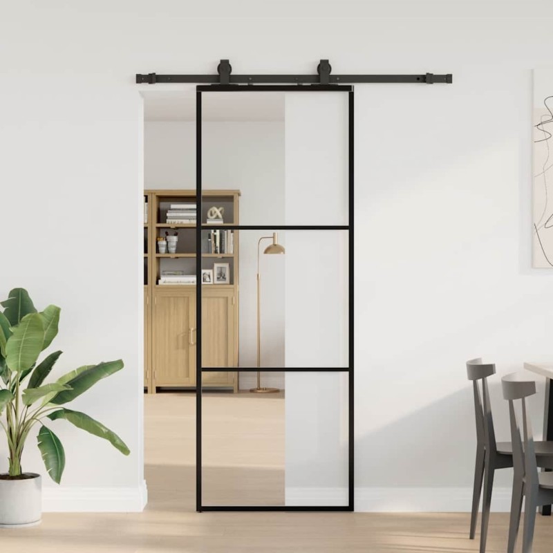 Porte coulissante kit de quincaillerie noir 76x205 cm verre ESG 565577565577