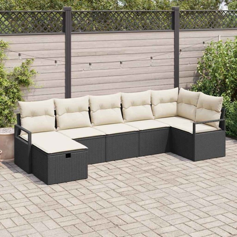 Ensemble de Canapés avec coussin 7 pcs Noir et Crème polyrotin 566513566513
