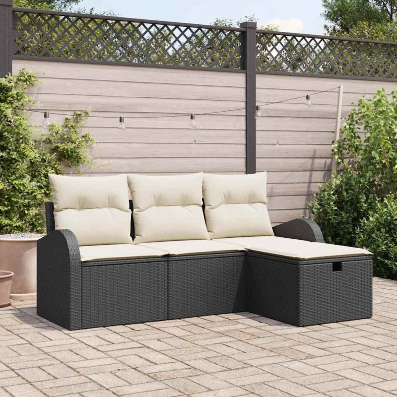 Ensemble de Canapés avec coussin 4 pcs Noir et Crème polyrotin 566597566597