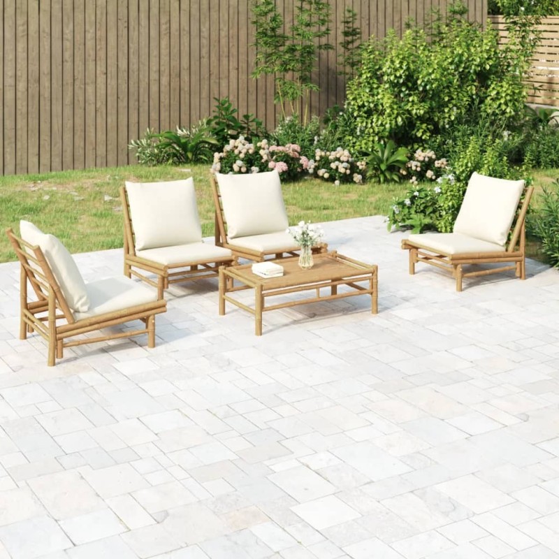 Salon de jardin 5 pcs avec coussins blanc crème bambou 567303567303