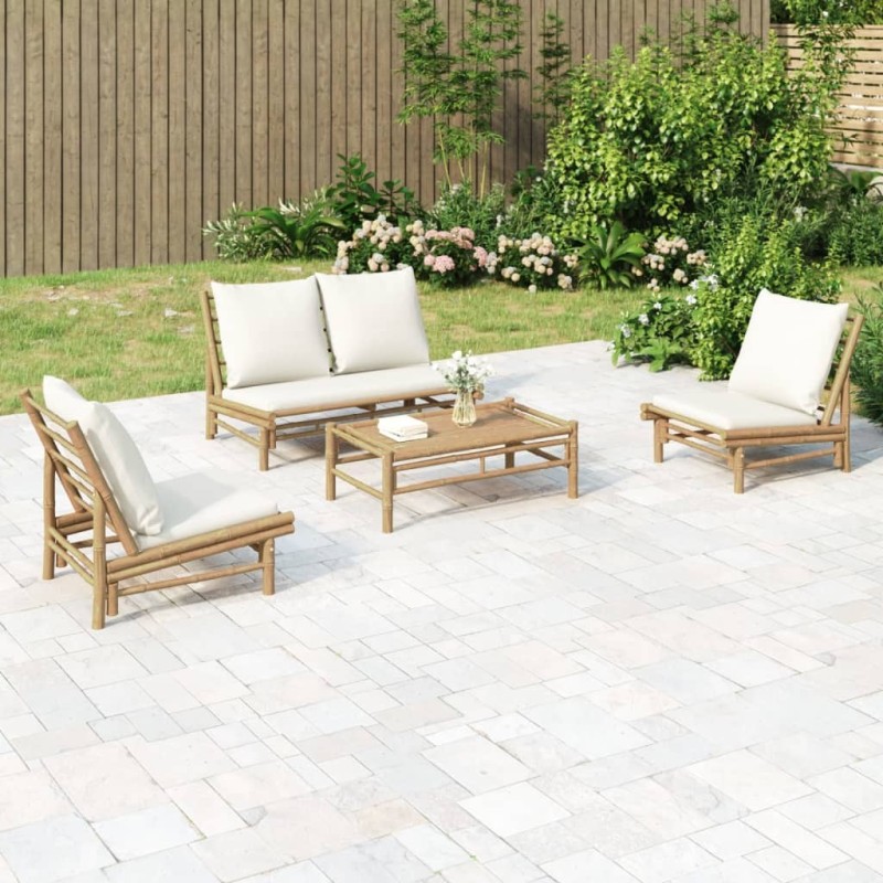 Salon de jardin 4 pcs avec coussins blanc crème bambou 567319567319