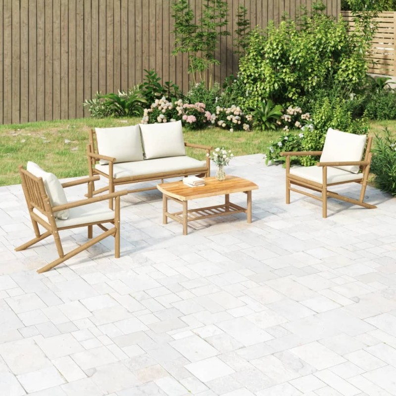 Salon de jardin 4 pcs avec coussins blanc crème bambou 567336567336