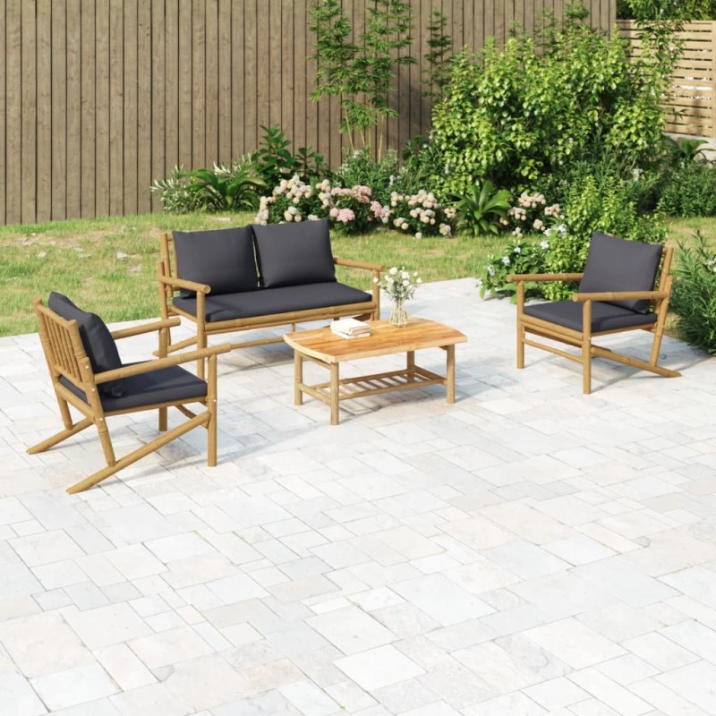 Salon de jardin 4 pcs avec coussins gris foncé bambou 567337567337