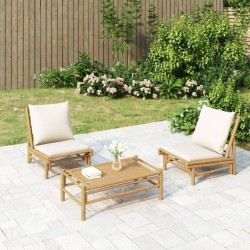 Salon de jardin 3 pcs avec coussins blanc crème bambou 567338567338