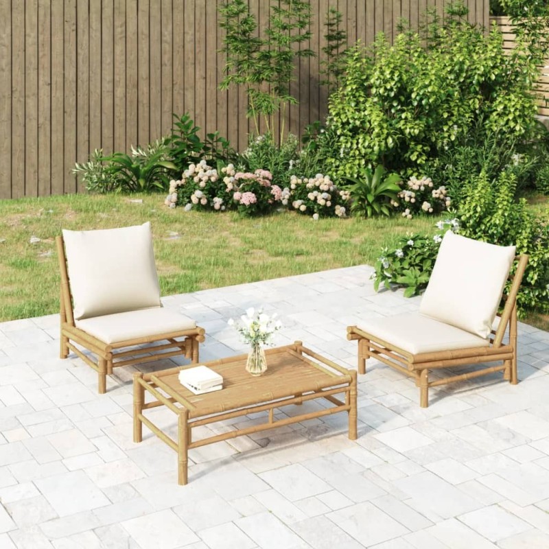 Salon de jardin 3 pcs avec coussins blanc crème bambou 567338567338