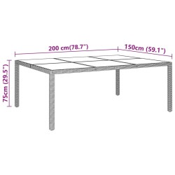 Table de jardin 200x150x75 cm Verre trempé/résine tressée Gris 567666567666