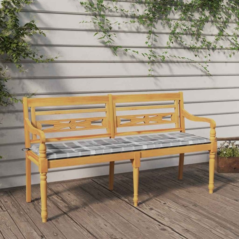 Banc Batavia coussin à motif de carreaux gris 150cm Bois teck 567815567815