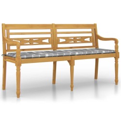 Banc Batavia coussin à motif de carreaux gris 150cm Bois teck 567815567815
