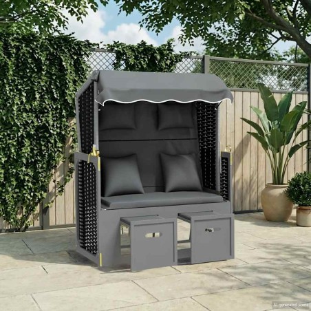 Strandkorb avec coussin poly rotin bois solide anthracite noir 568240568240