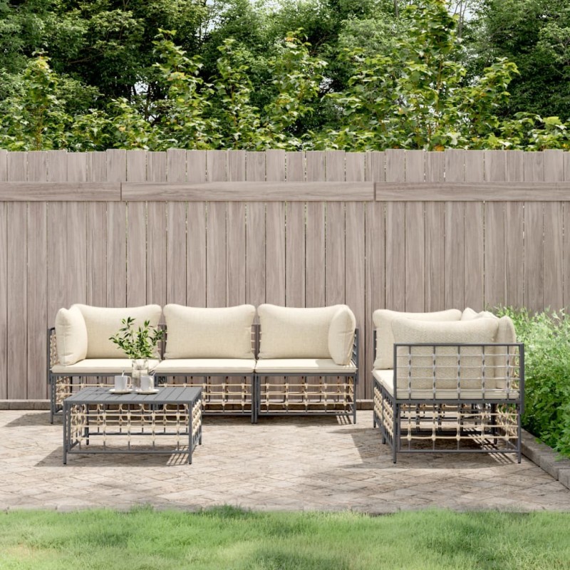 Salon de jardin 6 pcs avec coussins anthracite résine tressée 568306568306