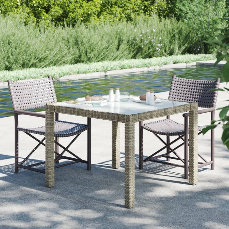 Table de jardin 90x90x75 cm Verre trempé et résine tressée Gris 568800568800