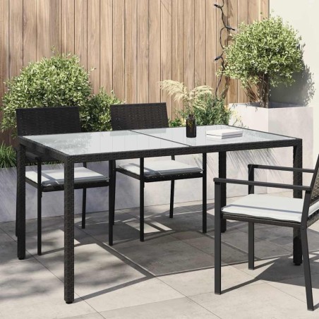 Table de jardin 150x90x75cm Verre trempé et résine tressée Noir 568816568816