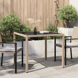 Table de jardin 90x90x75cm Verre trempé et résine tressée Beige 568817568817
