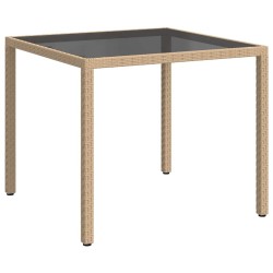 Table de jardin 90x90x75cm Verre trempé et résine tressée Beige 568817568817