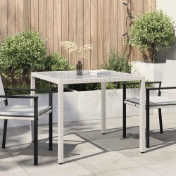 Table de jardin 90x90x75cm Verre trempé et résine tressée Blanc 568832568832