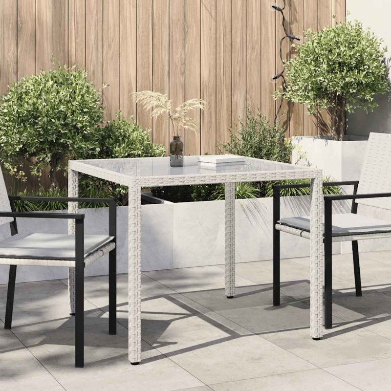 Table de jardin 90x90x75cm Verre trempé et résine tressée Blanc 568832568832