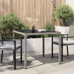 Table de jardin 90x90x75 cm Verre trempé et résine tressée Gris 568834568834
