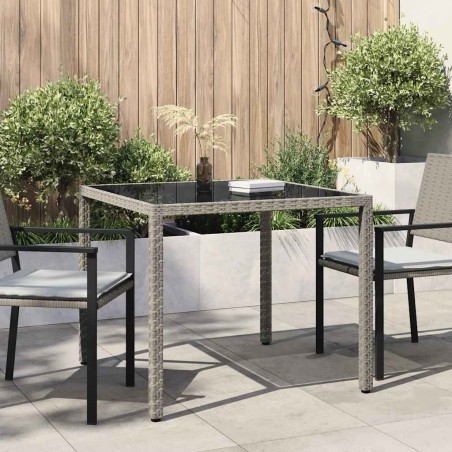 Table de jardin 90x90x75 cm Verre trempé et résine tressée Gris 568834568834
