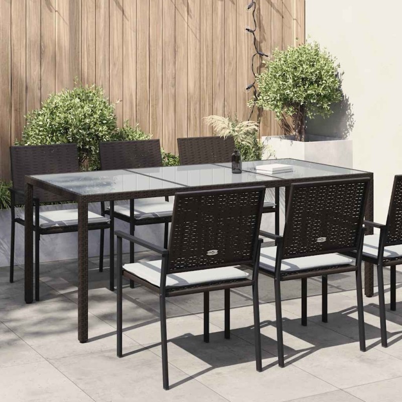 Table de jardin Marron 190x90x75 cm Verre trempé/résine tressée 568869568869
