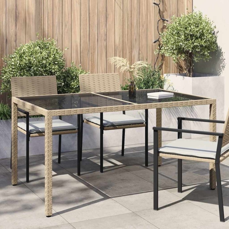 Table de jardin 150x90x75 cm Verre trempé/résine tressée Beige 568882568882