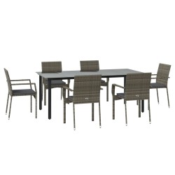 Ensemble à manger jardin et coussins 7 pcs Noir et gris Rotin 568993568993