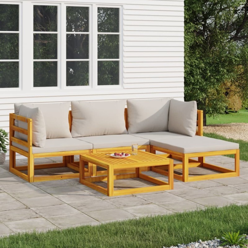 Salon de jardin 5 pcs avec coussins gris clair bois massif 569563569563