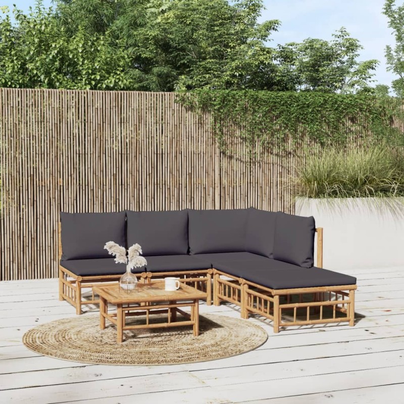 Salon de jardin 6 pcs avec coussins gris foncé bambou 569727569727