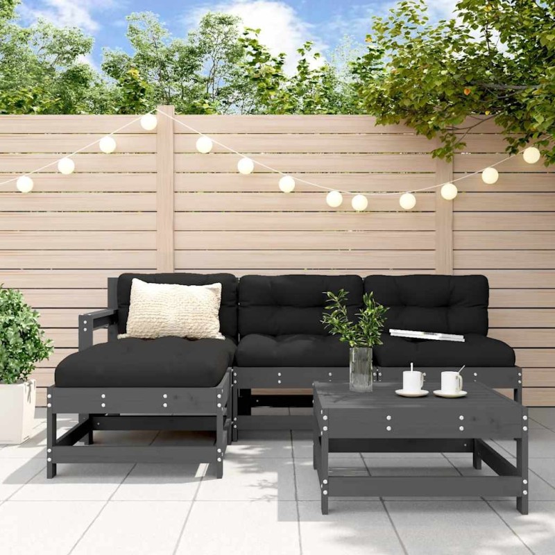 Salon de jardin 5 pcs avec coussins gris bois massif 569974569974