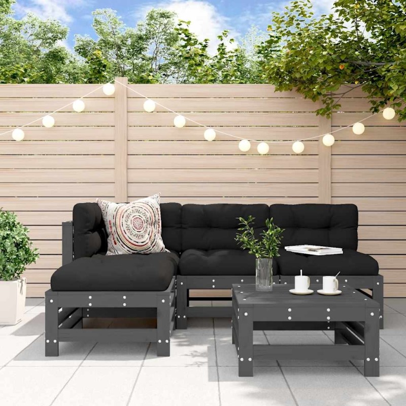 Salon de jardin 5 pcs avec coussins gris bois massif 569984569984