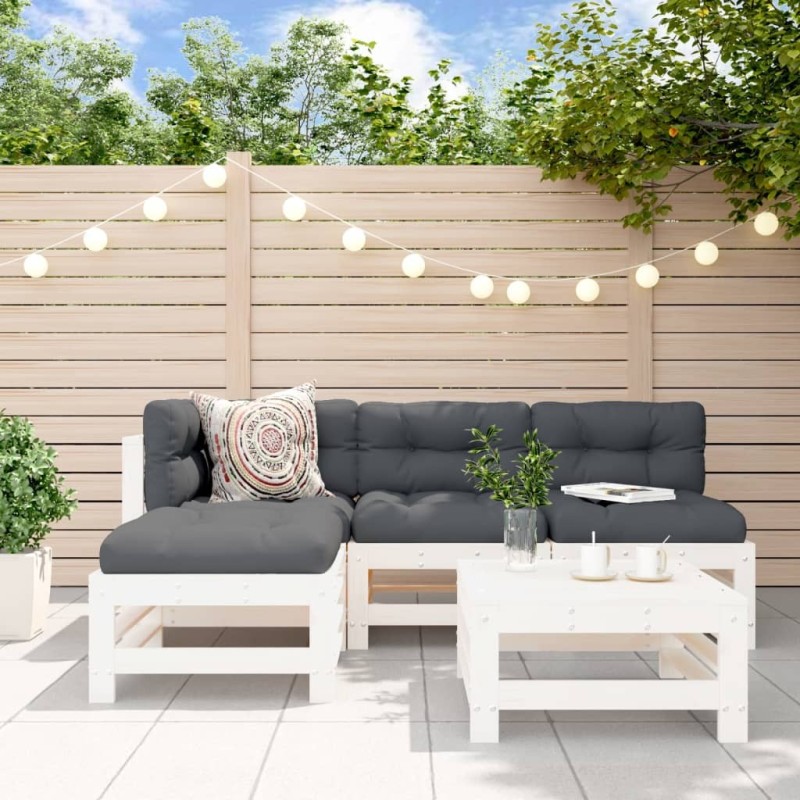 Salon de jardin 5 pcs avec coussins blanc bois massif 569993569993