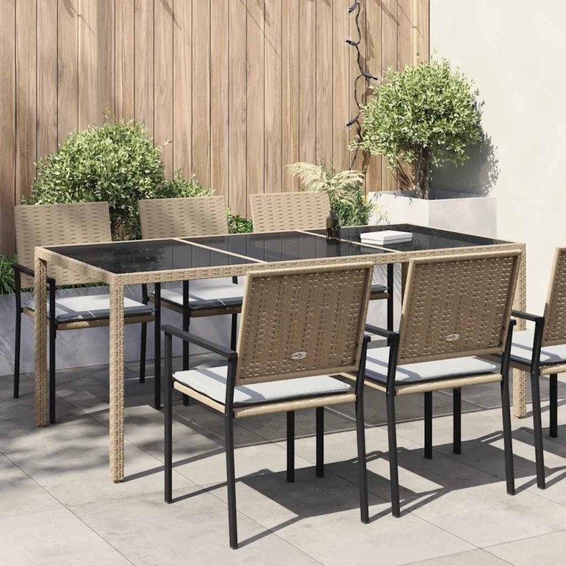 Table de jardin Beige 190x90x75 cm Verre trempé/résine tressée 570105570105