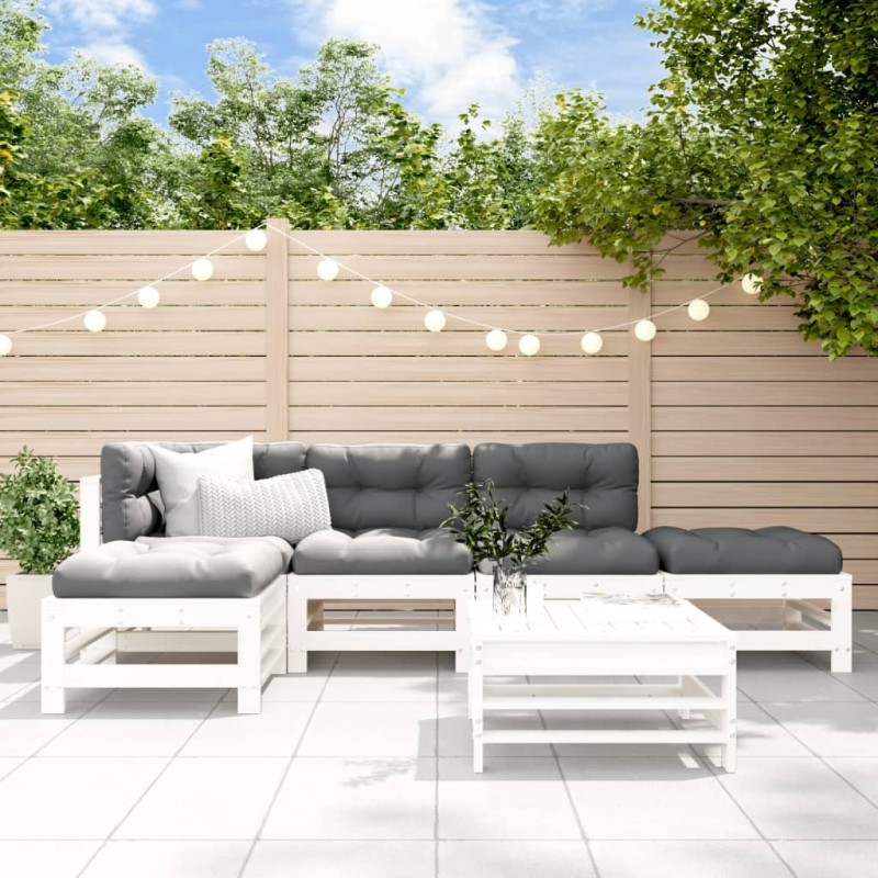 Salon de jardin 6 pcs avec coussins blanc bois massif 570306570306