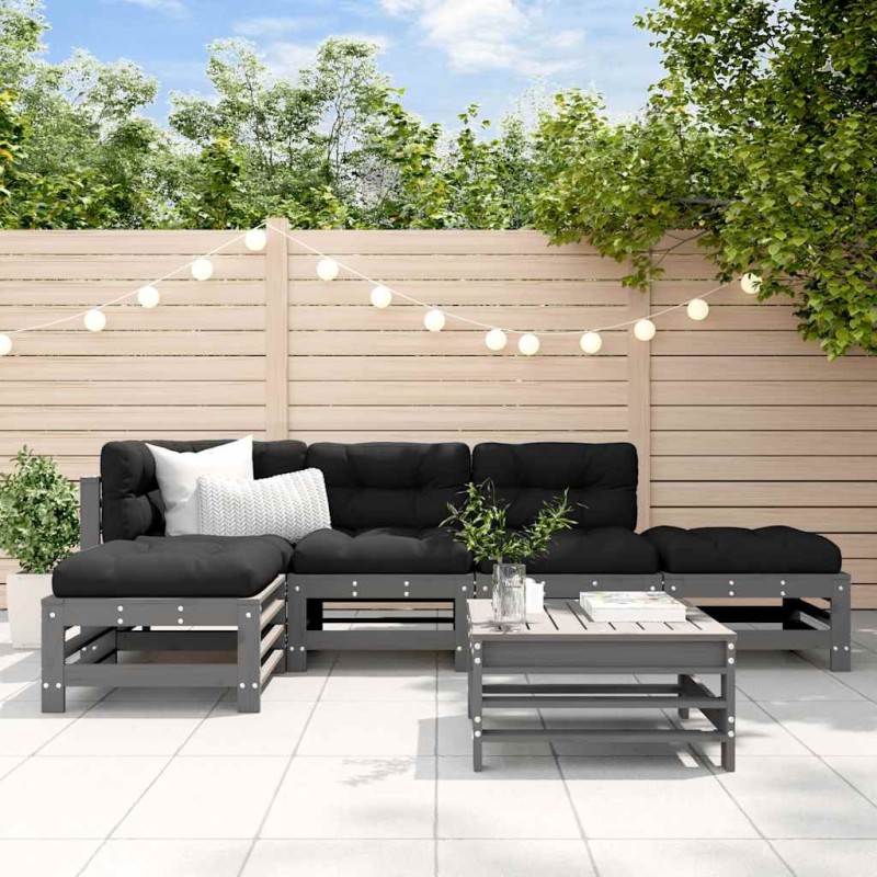 Salon de jardin 6 pcs avec coussins gris bois massif 570307570307