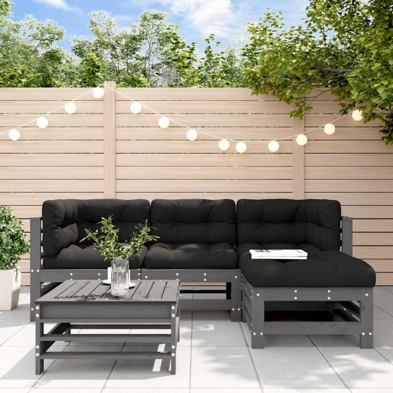 Salon de jardin 5 pcs avec coussins gris bois massif 570336570336
