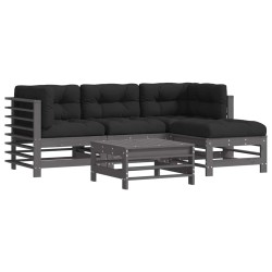 Salon de jardin 5 pcs avec coussins gris bois massif 570336570336