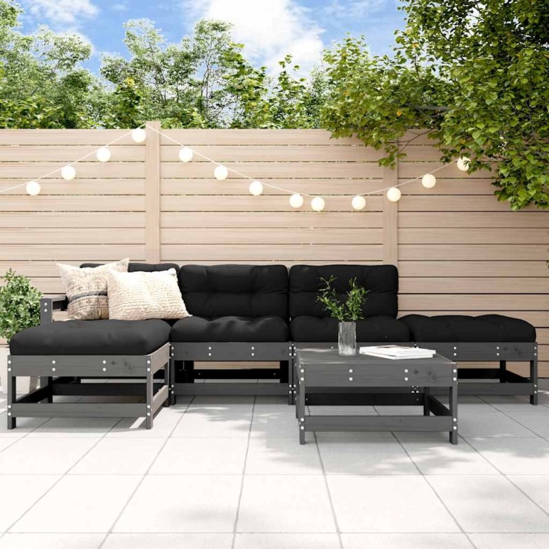 Salon de jardin 6 pcs avec coussins gris bois massif 570389570389
