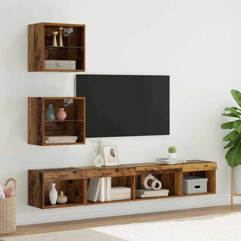 Unités murales TV avec LED 5 pcs Bois ancien Bois d'ingénierie 580840580840