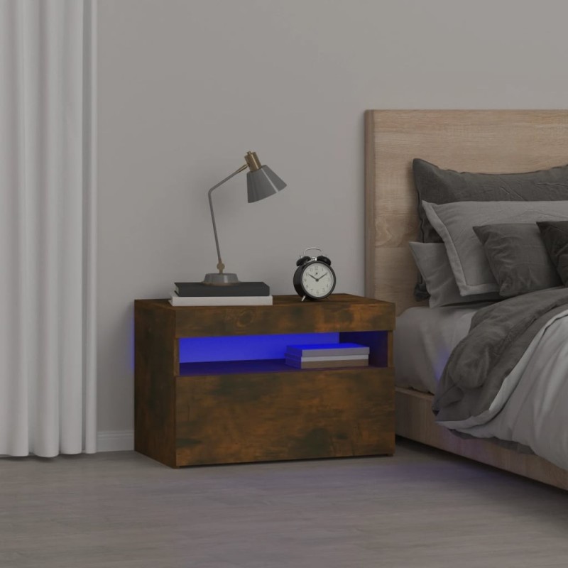 Table de chevet avec lumières LED Chêne fumé 60x35x40 cm 581193581193