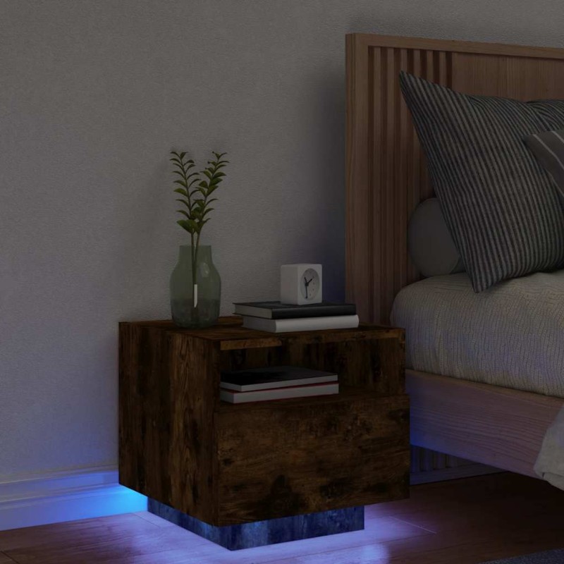 Table de chevet avec lumières LED chêne fumé 40x39x37 cm 581195581195