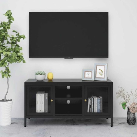 Meuble TV Noir 105x35x52 cm Acier et verre 581349581349
