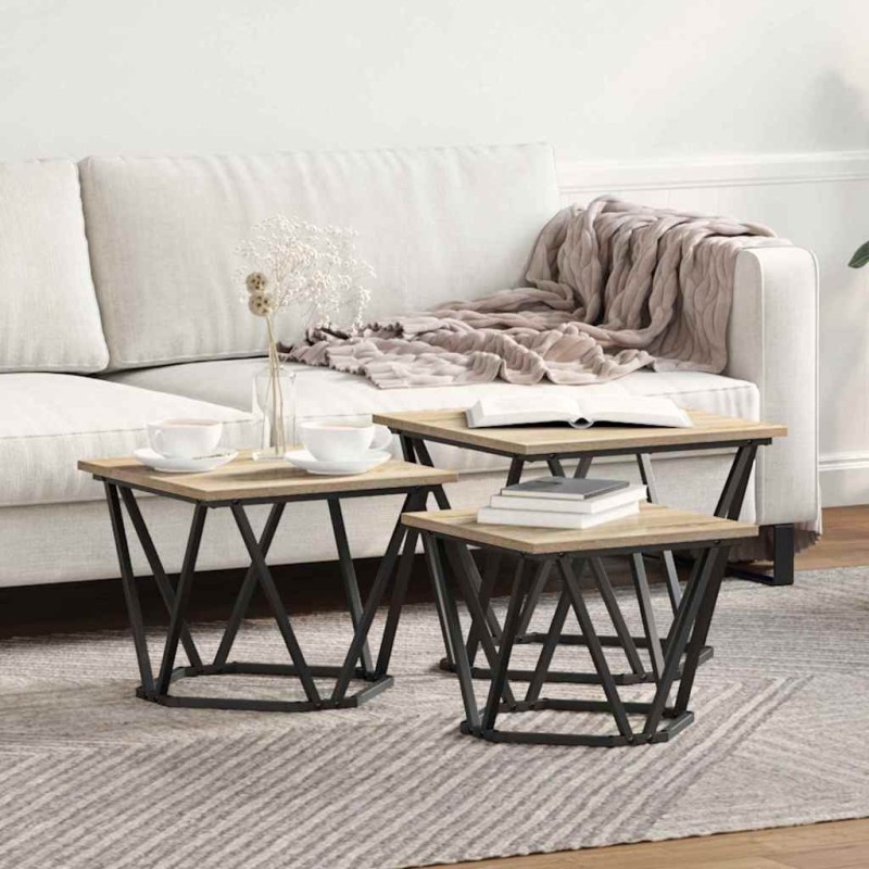 Table basse 3 pcs Chêne Sonoma Bois d'ingénierie et acier 581986581986