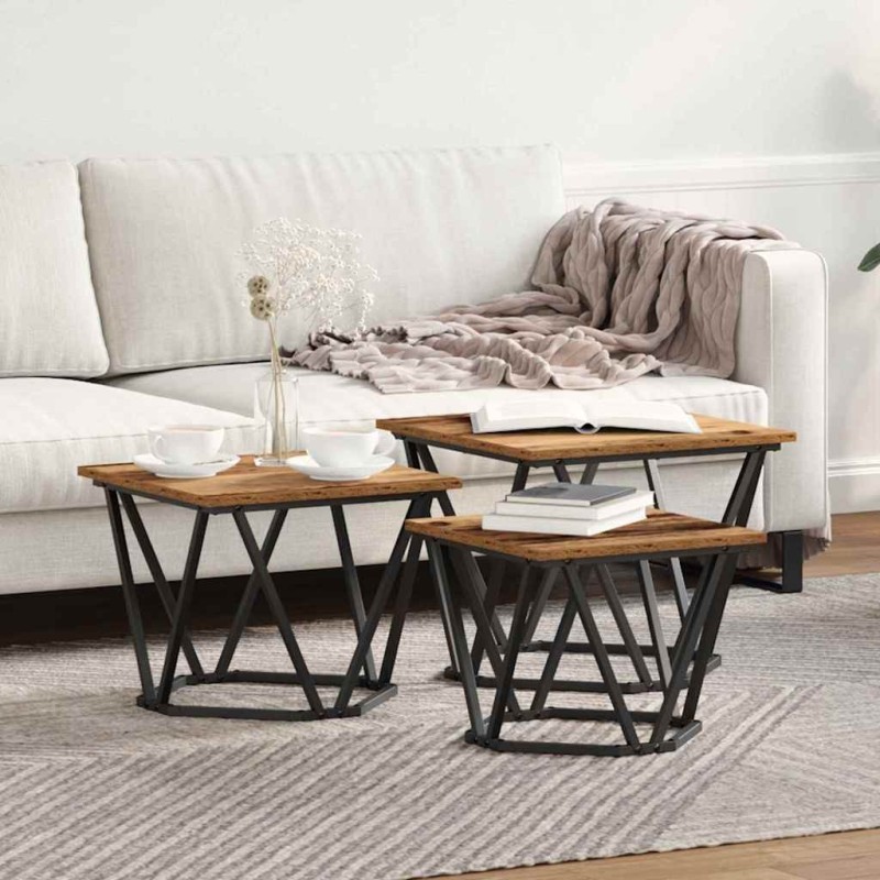 Table basse 3 pcs Bois Ancien Bois d'ingénierie et acier 582063582063