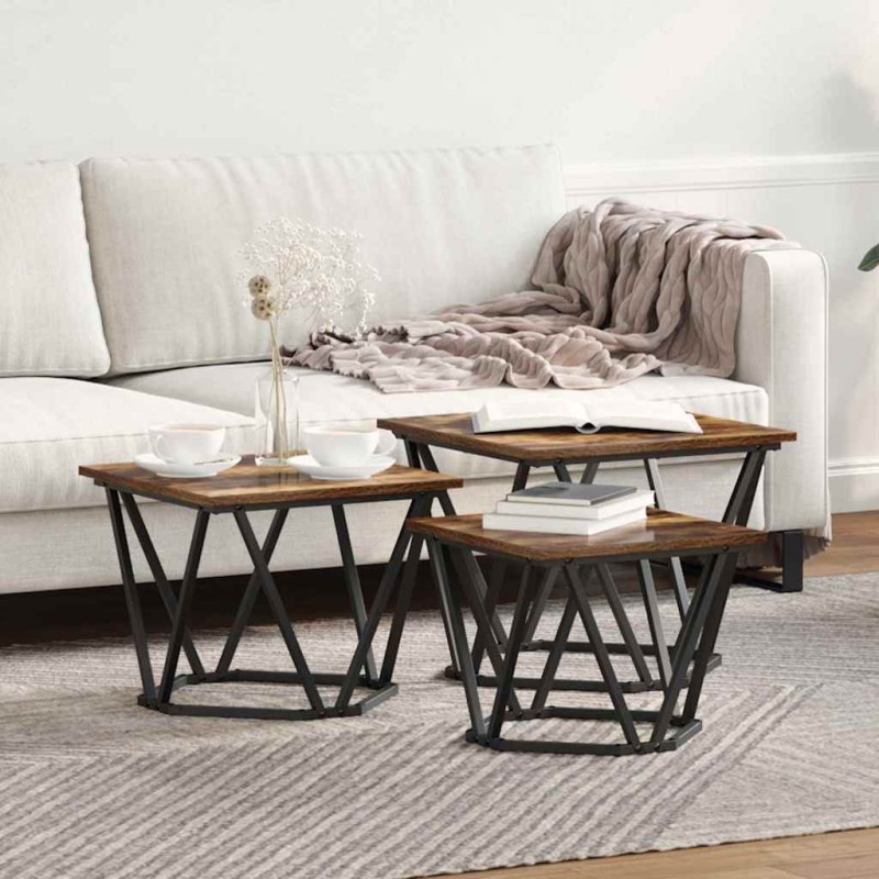Table basse 3 pcs Chêne fumé Bois d'ingénierie et acier 582088582088