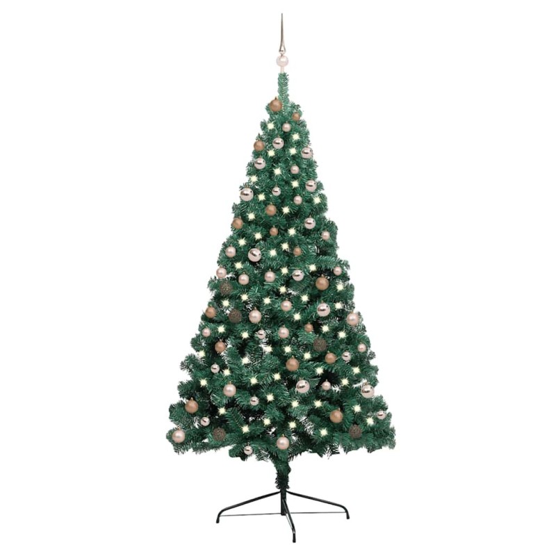 Demi-arbre de Noël artificiel pré-éclairé et boules vert 210 cm 582643582643